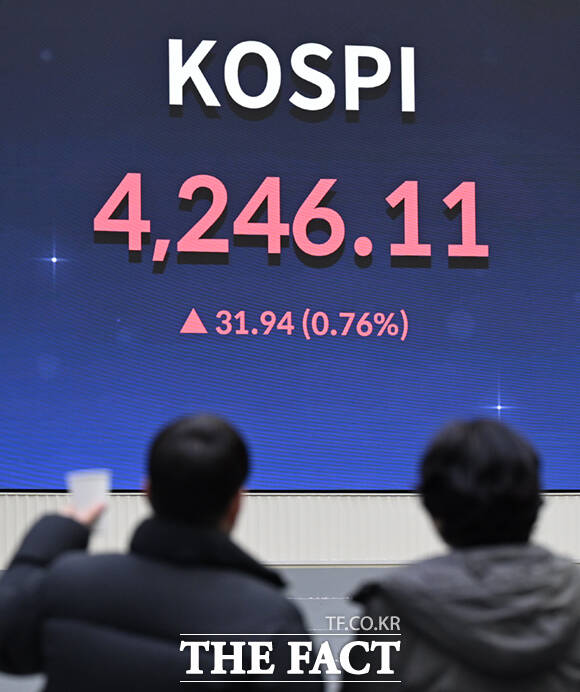 새해 첫 거래일 코스피가 사상 최고치를 경신한 가운데, 2일 서울 여의도 한국거래소 전광판에 지수가 나타나고 있다. /이새롬 기자