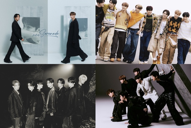 세븐틴의 새로운 유닛 도겸x승관, 가장 주목받는 신인 알파드라이브원, 왕의 귀환을 알린 엑소, 글로벌 최정상으로 자리매김한 엔하이픈(왼쪽 위부터 시계 방향)이 1월 차례로 컴백한다. /각 소속사