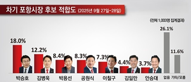 내년 포항시장 선거를 앞두고 지난해 9월 27일부터 이틀간 실시한 A여론조사 결과. /A여론조사