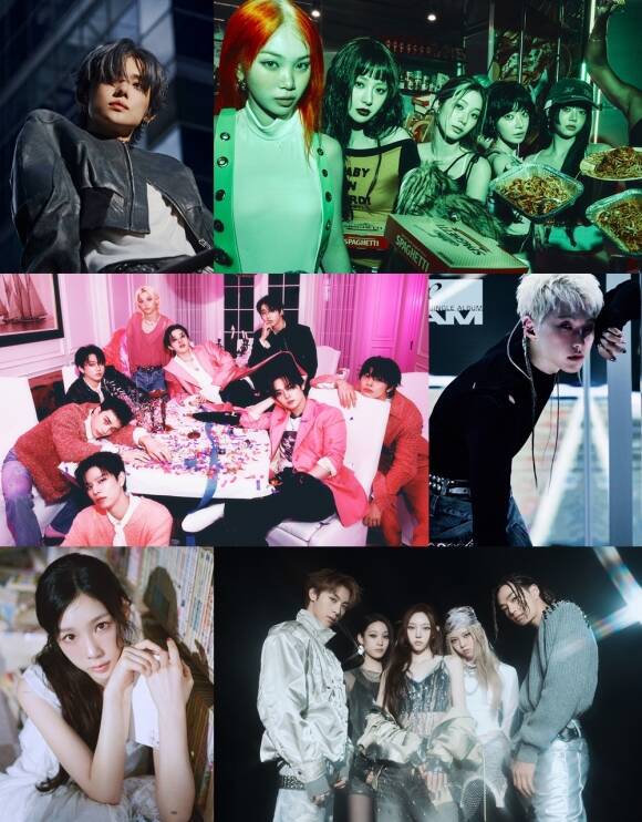 연준, 르세라핌, 호시, 올데이프로젝트, 태연, 스트레이 키즈(왼쪽 위부터 시계방향) 등이 더팩트 뮤직 어워즈의 TMA 베스트 뮤직 – 겨울 부문 온라인 사전 투표 후보에 올랐다. /각 소속사