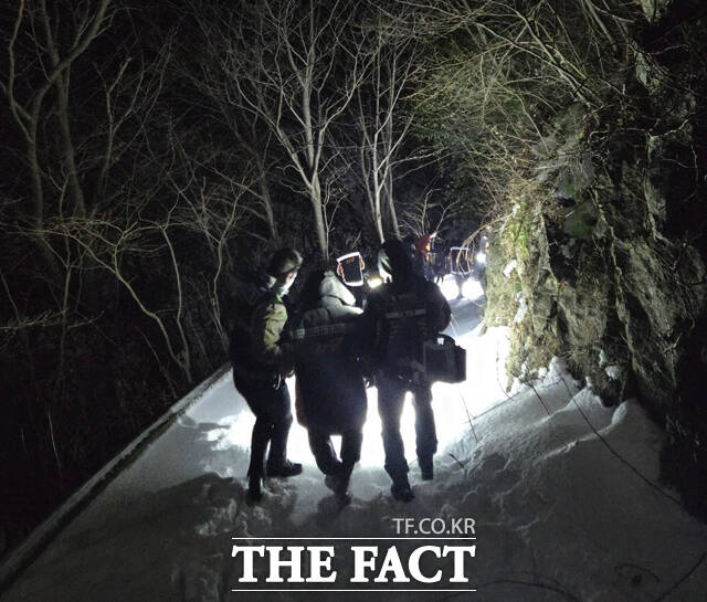 포항남부소방서 울릉119안전센터 구조대가 산 중턱에 쓰러진 70대 남성을 구조하고 있다. /포항남부소방서 울릉119안전센터