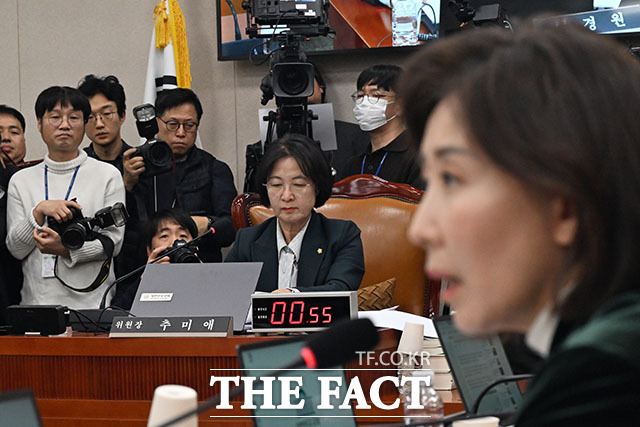 나경원 국민의힘 의원(오른쪽)이 7일 오후 서울 여의도 국회에서 열린 법제사법위원회 전체회의에서 발언을 하고 있다. /국회=남용희 기자