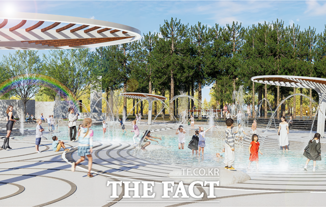 울진군이 왕피천공원을 찾는 군민과 관광객들에게 쾌적하고 품격 있는 휴식 공간을 제공하기 위해 주광장을 활용한 물놀이 쉼터 조성사업을 착공했다. 사진은 수경시설 조감도. /울진군