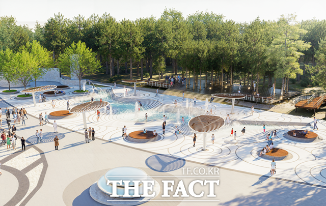 울진군이 왕피천공원을 찾는 군민과 관광객들에게 쾌적하고 품격 있는 휴식 공간을 제공하기 위해 주광장을 활용한 물놀이 쉼터 조성 사업을 착공했다. 사진은 수경시설 조감도. /울진군