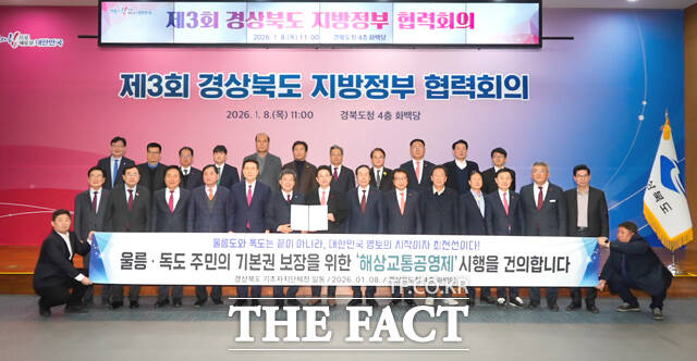 8일 경북도청 화백당에서 열린 제3회 경상북도 지방정부 협력회의에서 이철우 경북도지사와 경북도 내 전 시장·군수가 해상교통 공영제의 조속한 도입을 촉구하고 있다. /울릉군