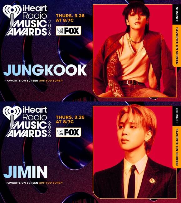 방탄소년단의 정국(위)과 지민은 디즈니+ 오리지널 시리즈 이게 맞아?! 시즌2로 페이보릿 온 스크린 경쟁작에 선정됐다./아이하트라디오