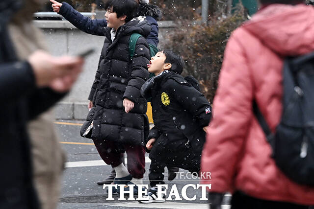 눈이 내리는 12일 오후 서울 마포구 성산동에서 한 어린이가 혀를 내밀고 하늘에서 떨어지는 눈송이를 맛보고 있다. /서예원 기자