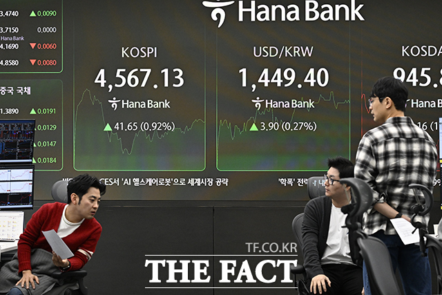 정부가 국내 증시에서 '만년 2등'으로 평가받는 코스닥 살리기에 나서면서 올해 코스닥 지수가 1000포인트를 돌파할 것이란 전망이 힘을 얻고 있다. 코스피가 사상 최초로 장중 4600선을 돌파한 7일 오전 서울 중구 하나은행 본점 딜링룸 전광판에 코스피 지수가 표시되고 있다. /송호영 기자