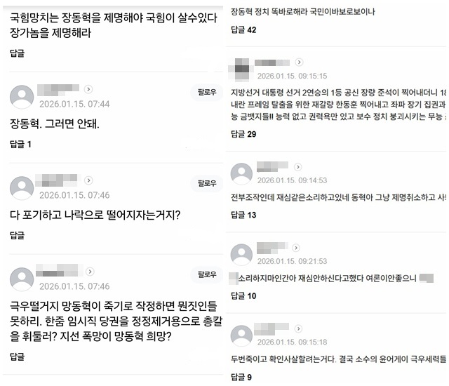 온라인상에서 장동혁 대표를 비방하는 글을 쉽게 볼 수 있다. /네이버 갈무리