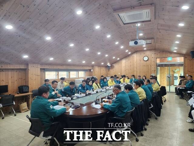 충남도가 도내 급증하는 소나무재선충병 확산 방지를 위해 소나무재선충병 방제대책 회의를 개최해 대응 방안을 공유하고 있다. /충남도