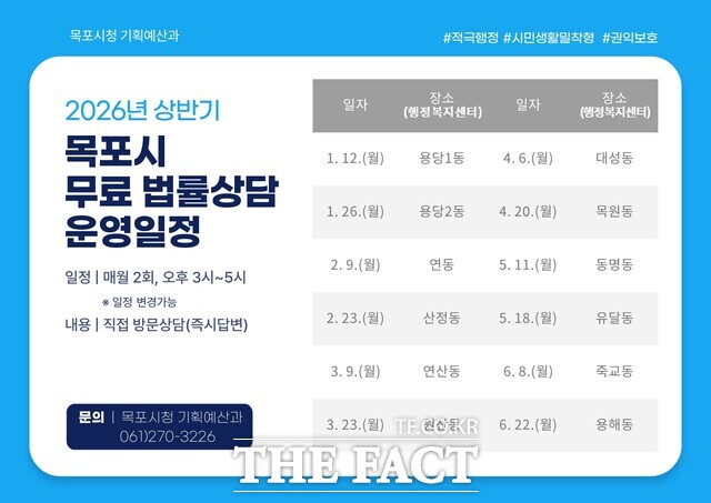 2026년 상반기 목포시 무료 법률상담 운영일정 /목포시