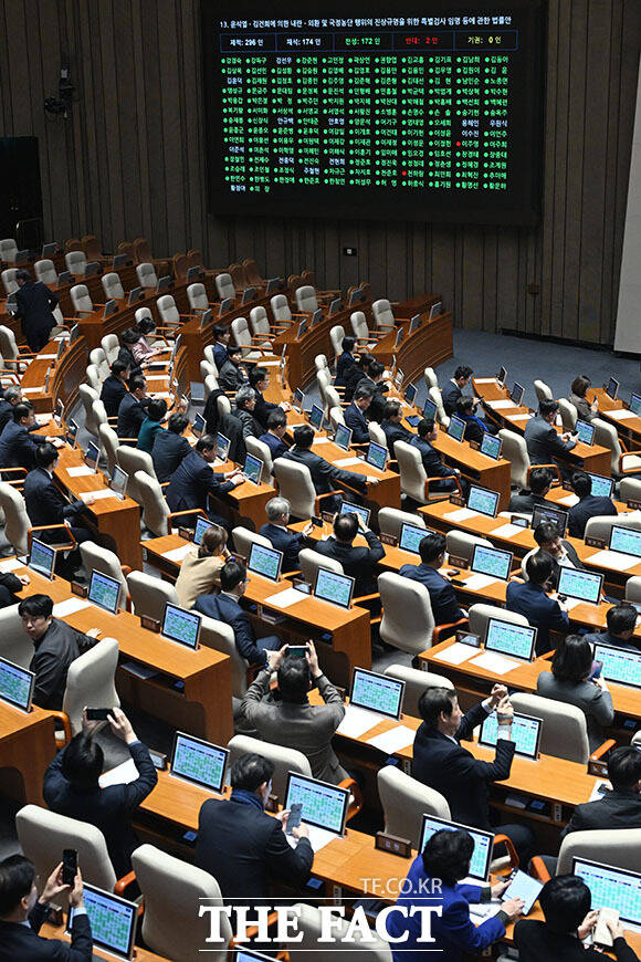 윤석열·김건희에 의한 내란·외환 및 국정농단 행위의 진상규명을 위한 특별검사 임명 등에 관한 법률안(2차 종합 특검법) 가결을 알리며 의사봉 두드리는 우 의장.