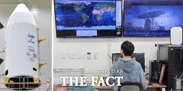 (사진 왼쪽) 누리호 4차 발사체의 큐브위성 탑재부에 각 대학의 배지 로고가 새겨져 있다. /조명우. (오른쪽) 인하대 송도 항공우주융합캠퍼스에 설치된 인하로샛 기지국에서 연구원이 교신 상태를 점검하고 있다. /인하대