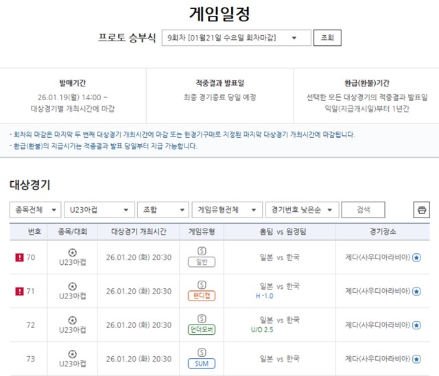 프로토 승부식 9회차 대상 경기 정보.