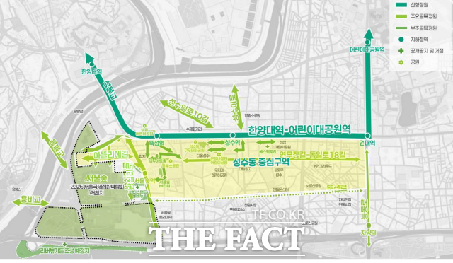 올해 정원박람회 개최지는 서울 내 총 71만㎡ 규모로, △서울숲 48만㎡ △성수동 일대(선형가든) 3만㎡ △매헌시민의숲 18만㎡ △뚝섬한강정원(리버뷰가든) 2만㎡에서 운영된다. 2026서울국제정원박람회 전체 계획도. /서울시