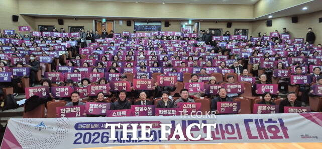 20일 세종시청 여민실에서 올해 첫 시민과의 대화 행사가 열려 5개 동 지역 주민들이 행정수도 완성을 염원하는 퍼포먼스를 하고 있다. /김형중 기자