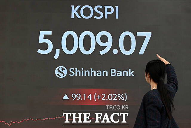 코스피가 사상 최초로 5000 고지를 돌파한 22일 오후 서울 중구 신한은행 본점 로비의 전광판에 지수가 표시되고 있다. /서예원 기자