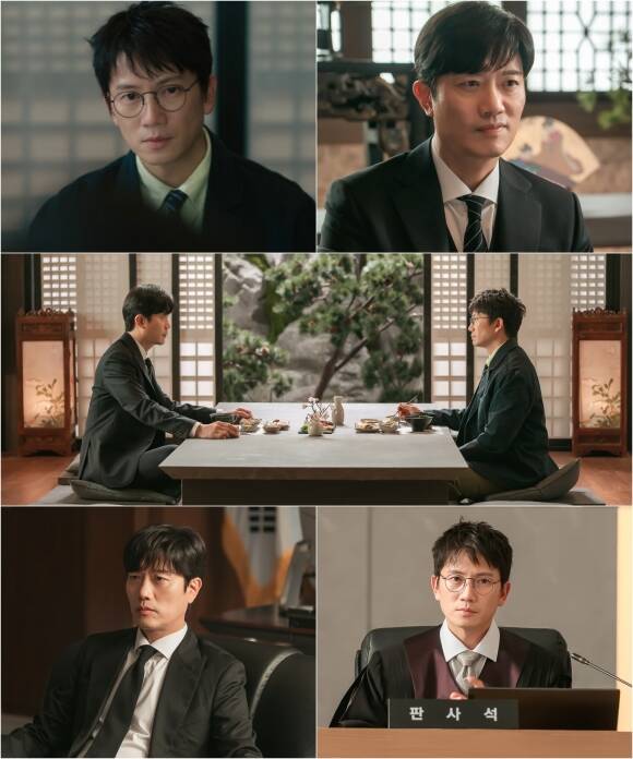 MBC 판사 이한영 제작진이 배우 지성과 박희순이 대면하는 모습이 담긴 스틸을 공개했다. /MBC