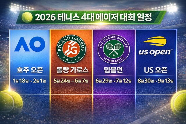 2026년 테니스 4대 메이저 대회 일정. 호주오픈에서는 알카라스가, 프랑스오픈에서는 시너가 각각 그랜드슬램에 도전한다. 빅3 시대의 마지막 주자인 조코비치는 1승만 추가하면 남녀 통산 역대 메이저대회 최다 우승(25)의 대기록을 세우게 된다. /챗GPT