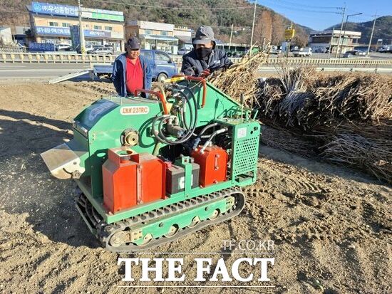 경기 포천시 한 농가에서 찾아가는 영농 부산물 파쇄지원단이 영농 부산물을 파쇄하고 있다. /포천시