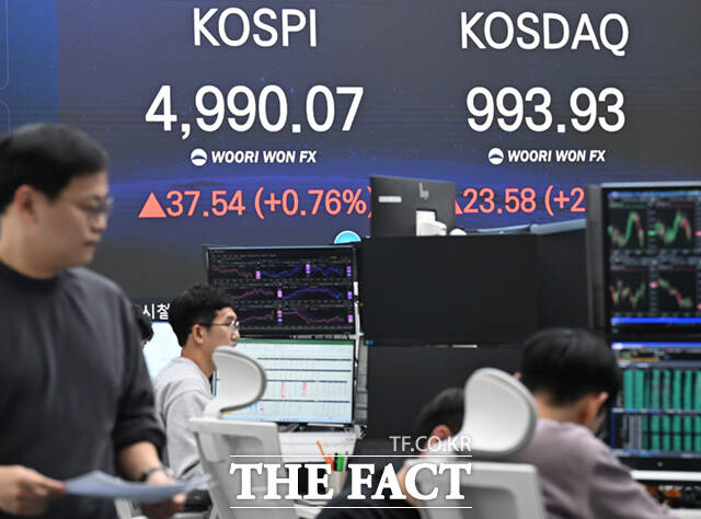 23일 서울 중구 우리은행 본점 딜링룸 전광판에 코스피, 코스닥 종가 지수가 나타나고 있다. /이새롬 기자