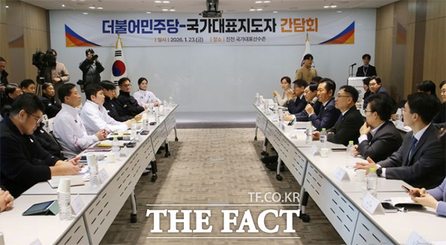 유승민 대한체육회장(왼쪽)과 대화를 나누고 있는 정청래 대표.