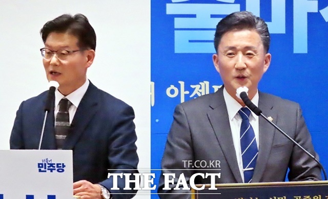 김정섭 전 공주시장과 임달희 공주시의회 의장이 각각 공주시장 선거 출마를 선언하는 모습. /김형중 기자