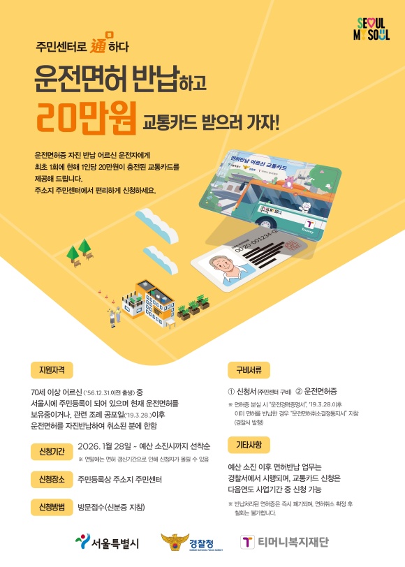 서울시는 운전면허를 자진 반납하는 70세 이상 어르신에게 20만 원이 충전된 선불형 교통카드를 선착순으로 지급한다. /서울시