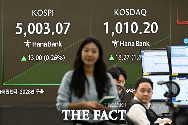 코스피가 상승 출발해 5000선을 회복한 26일 오전 서울 중구 하나은행 딜링룸에 지수가 표시되고 있다. /서예원 기자