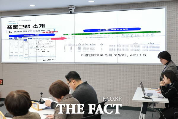 지난 26일 열린 주간간부회의에서 시연 중인 AI데이터기반 행정개선 프로그램 /대전 유성구