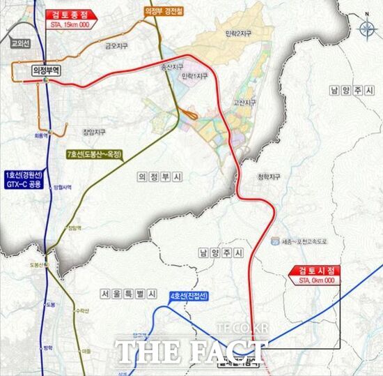 경기 의정부시가 국토교통부 대도시권광역교통위원회의 제5차 광역교통시행계획에 신규 사업으로 반영되도록 노력 중인 지하철 8호선(별내선) 의정부 연장사업의 노선도 /의정부시