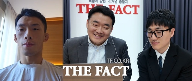 28일 호주에서 전지 훈련 중인 김상욱(왼쪽) 선수와 <더팩트> 오승혁(가운데), 이상빈 기자가 온라인에서 만나 인터뷰를 진행했다. /서울 마포구=오승혁, 이상빈 기자