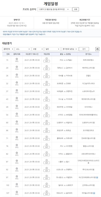 프로토 승부식 13회차 챔피언스리그 리그 페이즈 대상 경기 정보.