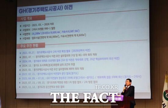 백경현 경기 구리시장이 28일 구리시 여성행복센터 대강당에서 진행된 신년 기자회견에서 경기주택도시공사 구리 이전과 관련해 설명하고 있다. /구리=양규원 기자