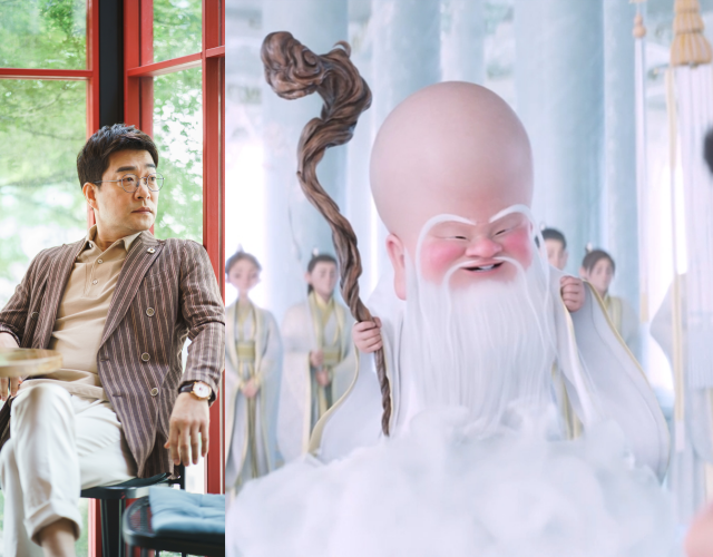 배우 손현주(왼쪽)가 너자 2에서 무량 신선의 목소리를 연기하며 첫 애니메이션 더빙에 도전한다. /(주)콘텐츠존