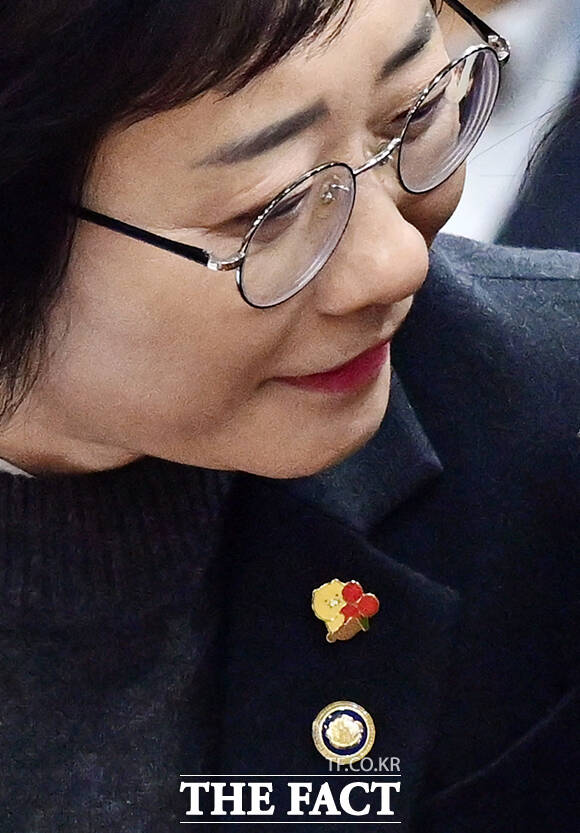 이스란 보건복지부 제1차관이 28일 오전 서울 종로구 정부서울청사에서 열린 경제관계장관회의 겸 민생경제관계 장관회의에 참석한 가운데 춘식이 따스히안아줄게요 배지가 눈길을 끌고 있다. /임영무 기자