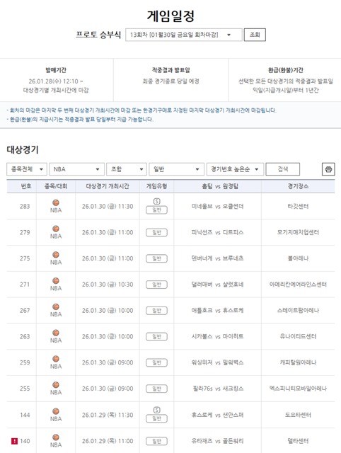 프로토 승부식 13회차 NBA 대상 경기.