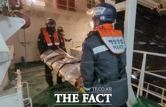 풍랑주의보가 내린 울릉도에서 응급환자를 경비함정으로 편승시키고 있다. /동해해경