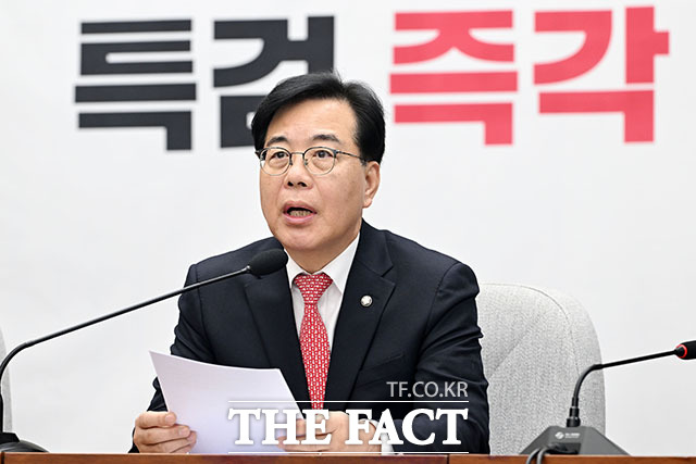 송언석 국민의힘 원내대표가 30일 오전 서울 여의도 국회에서 열린 원내대책회의에서 발언을 하고 있다. /국회=남용희 기자