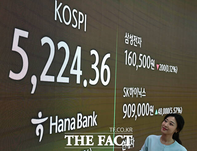 오천피(코스피 5000) 이후 7거래일 연속 최고치를 경신하고 있는 30일 오후 서울 중구 하나은행 본점 딜링룸 전광판에 종가 지수가 표시되고 있다. /이새롬 기자