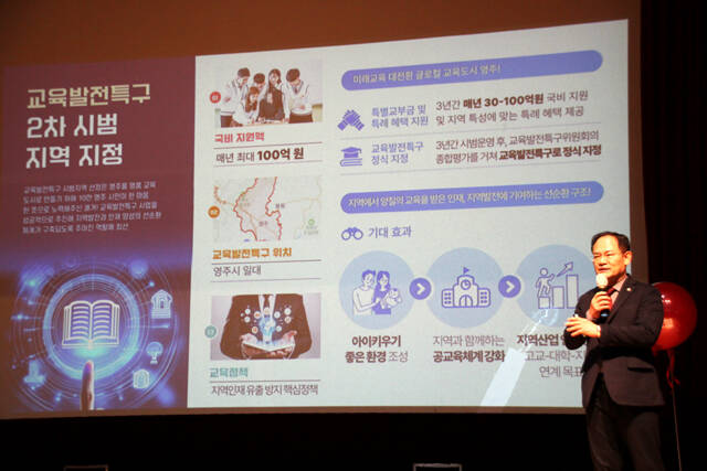 30일 영주시민회관에서 지난 20개월간 의정활동 성과를 공유하는 의정보고회가 열린 가운데 임종득 의원이 그간 주요 사업 추진 현황을 설명하고 있다. /임종득 의원실