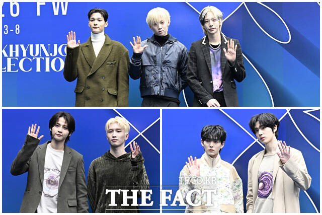 그룹 앰퍼센트원(위)과 파우(왼쪽 아래), 루네이트가 4일 오후 서울 중구 동대문디자인플라자(DDP)에서 열린 2026 F/W 서울패션위크 곽현주컬렉션 포토월에 참석해 포즈를 취하고 있다. /송호영 기자