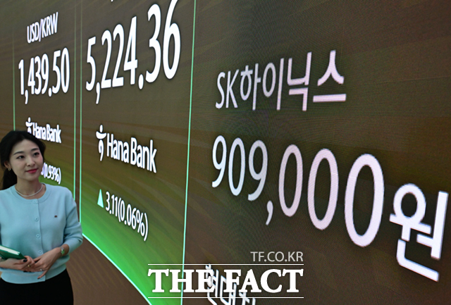 오천피(코스피 5000) 이후 7거래일 연속 최고치를 경신하고 있는 1월30일 오후 서울 중구 하나은행 본점 딜링룸 전광판에 SK하이닉스 지수가 표시되고 있다. /이새롬 기자