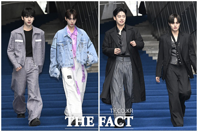 그룹 드리핀(왼쪽)과 에이비식스가 4일 오후 서울 중구 동대문디자인플라자(DDP)에서 열린 2026 F/W 서울패션위크 곽현주컬렉션 포토월에 참석해 블루카펫을 밟고 있다. /송호영 기자