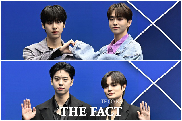 그룹 드리핀(위)과 에이비식스가 4일 오후 서울 중구 동대문디자인플라자(DDP)에서 열린 2026 F/W 서울패션위크 곽현주컬렉션 포토월에 참석해 포즈를 취하고 있다.