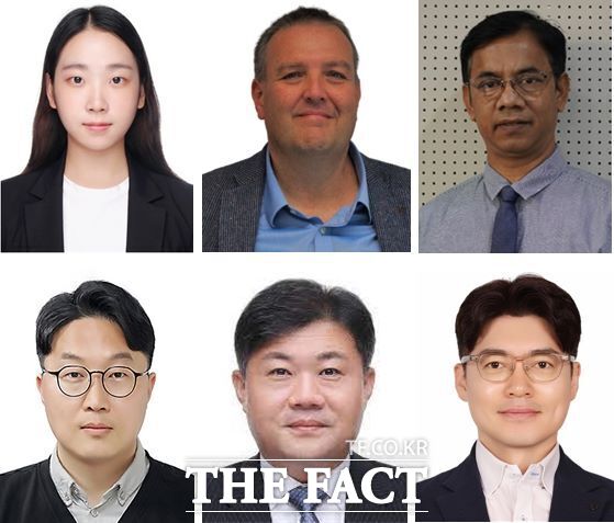 국립한밭대 신소재공학과 김정현 교수 연구팀 및 공동연구그룹. 왼쪽 위에서부터 시계 방향으로 임유리 국립한밭대 응용소재공학과 대학원생, Harald Schlegl 랭커스터대 박사, Abul Kalam Azad 브루나이다루살람대 교수, 강인용 HnPower 대표, 최원석 국립한밭대 전기공학과 교수, 김정현 신소재공학과 교수. /한밭대