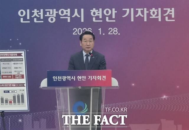 유정복 인천시장이 28일 시청 대회의실에서 재외동포청 이전 논란, 공공기관 타 지역 이전, 수도권매립지관리공사 관할권 이관 등 주요 시정 현안에 대한 입장을 밝혔다. /인천=김재경 기자