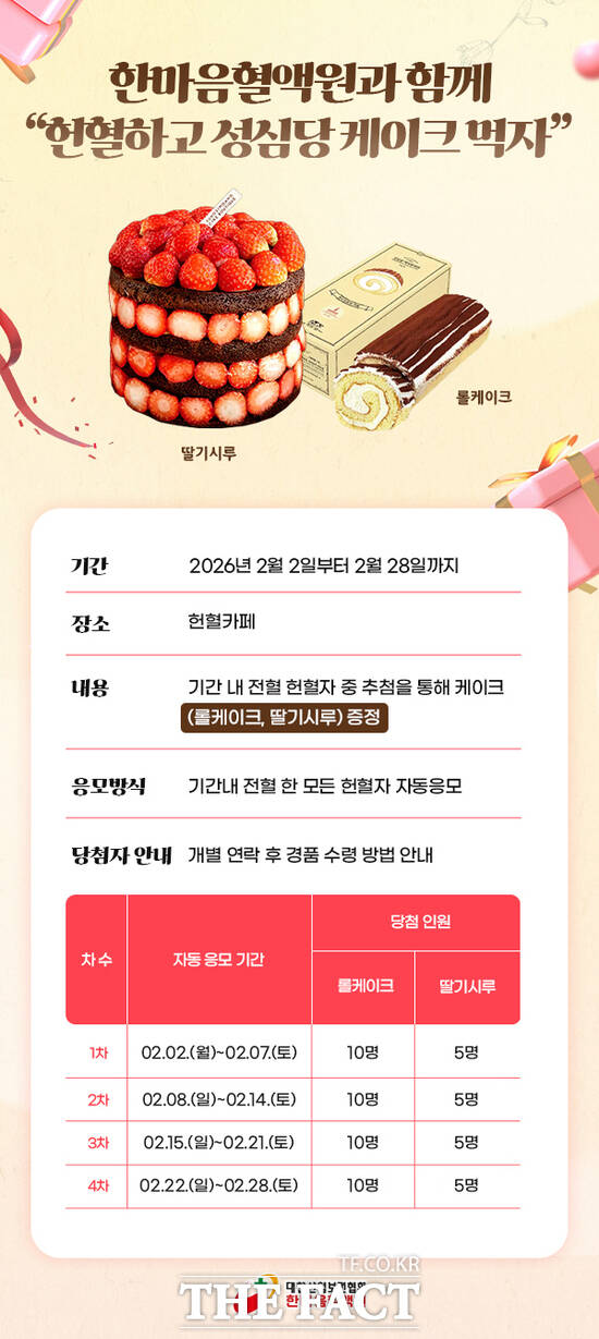 한마음혈액원이 오는 28일까지 헌혈자에게 감사의 마음을 전하고 동절기 헌혈 참여 활성화를 위해 성심당 케이크 증정 프로모션을 진행한다. 사진은 행사 홍보 포스터. /한마음혈액원
