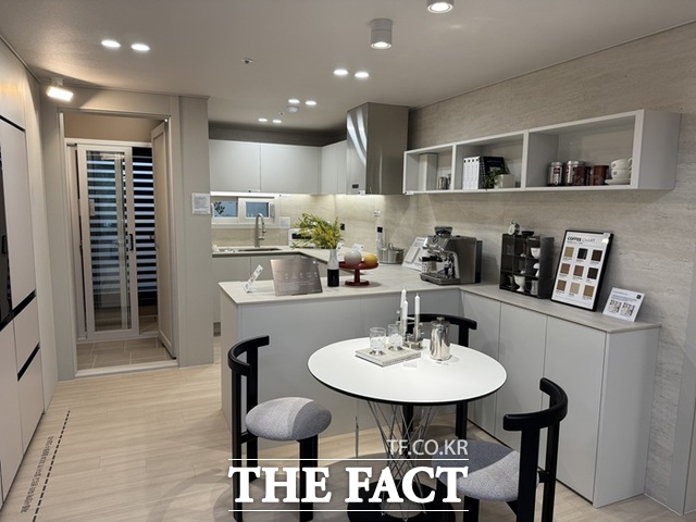 주방은 프리미엄 키친 인테리어 옵션(유상) 선택시 오픈형 구조의 트렌디한 인테리어가 적용돼 효율적인 동선과 가족 간의 소통을 동시에 고려했다. /황준익 기자