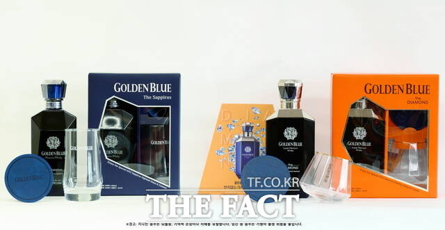 골든블루가 설 명절을 맞아 하이볼 전용 잔과 스월링 글라스 등 실용적인 구성품을 담은 위스키 선물 세트 2종을 한정 출시한다. /골든블루